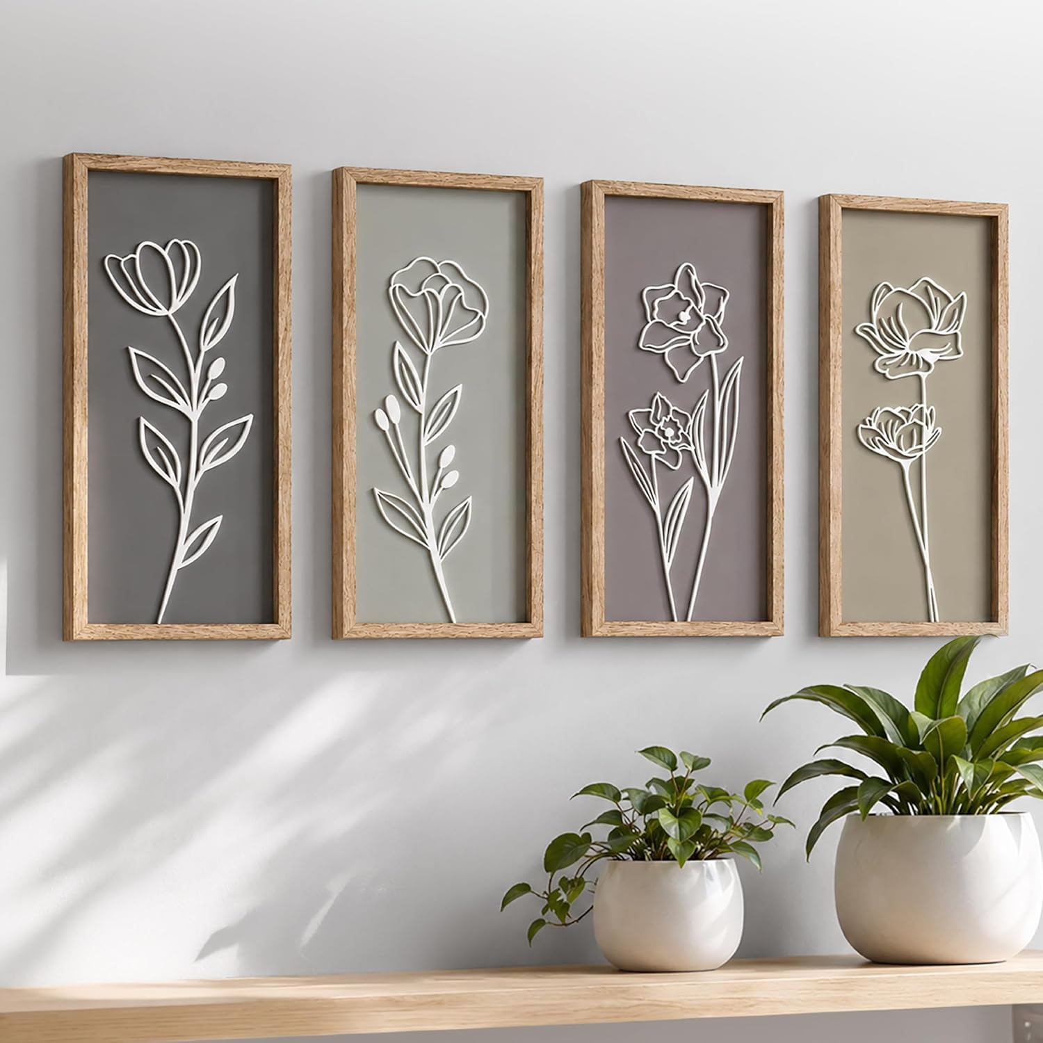 Botanical Wood Panel Set — 4 Framed Panels, 7 × 16 in Each