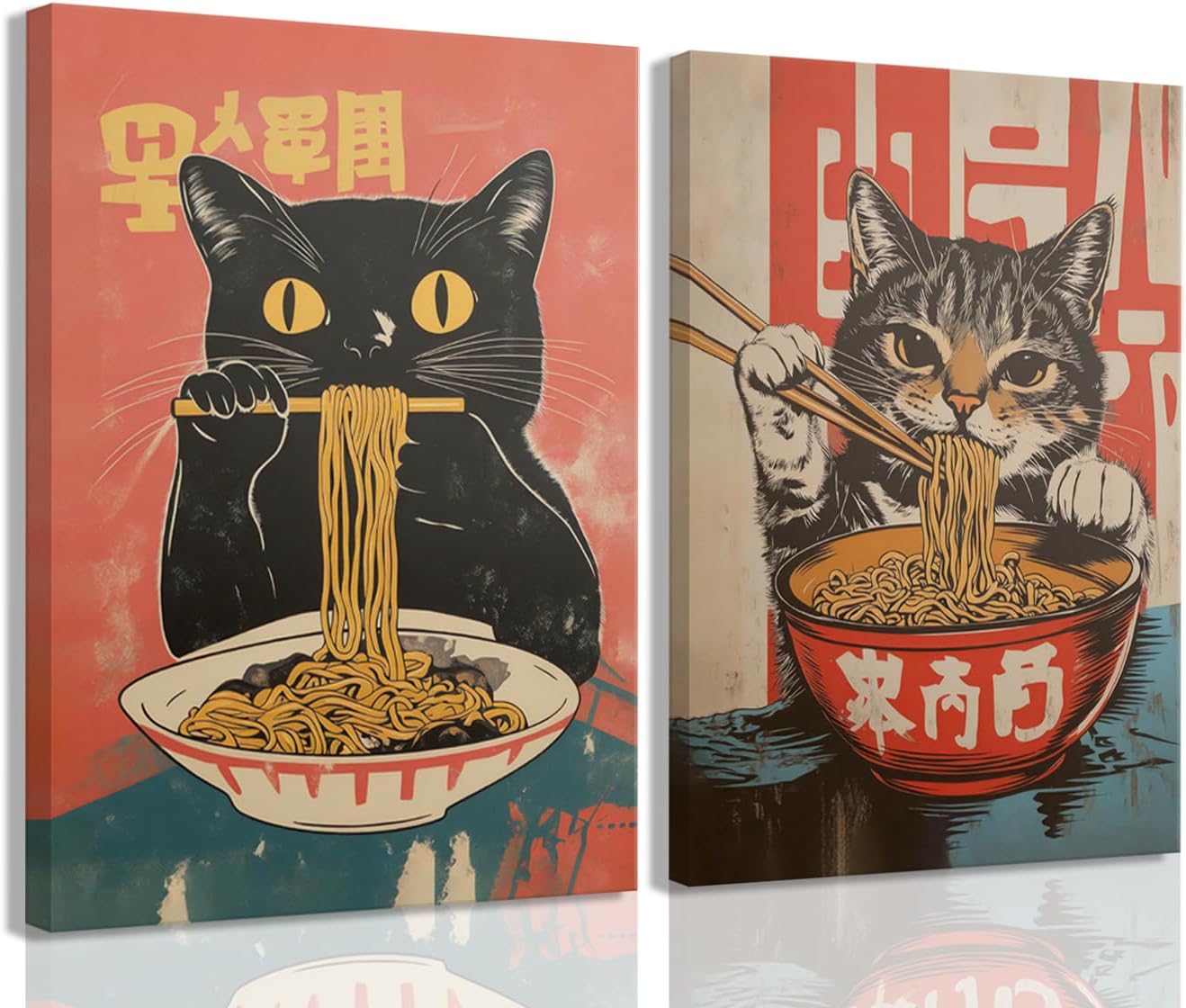 Cat and Ramen Canvas Art Pair — 2 Framed Panels, 12 × 16 in Each
