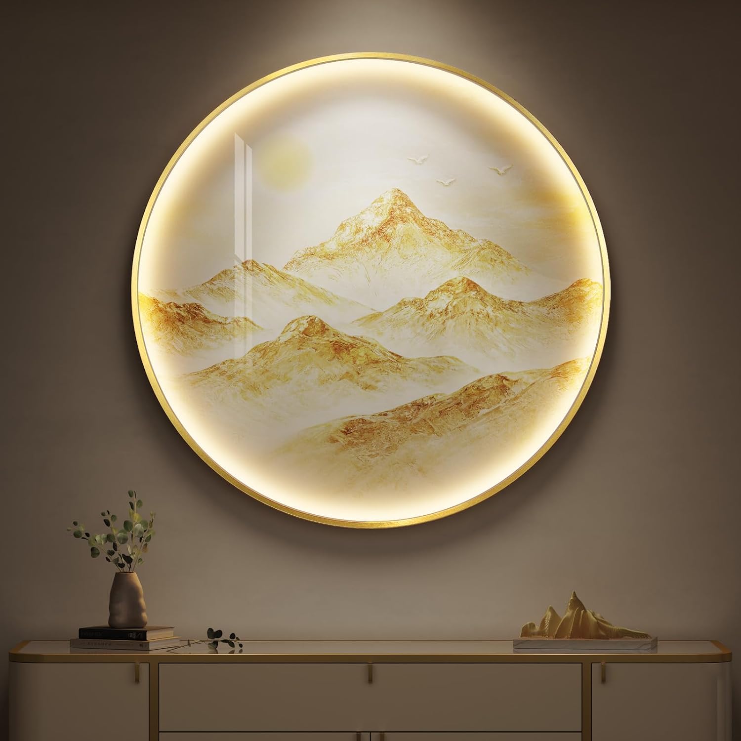 Round LED Mountain Wall Art — 30 × 30 in, Framed with Remote