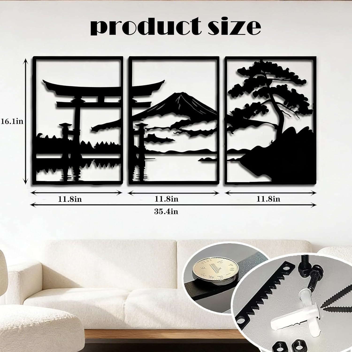 Torii Gate and Fuji Metal Wall Art — 35 × 16 in, Black Finish