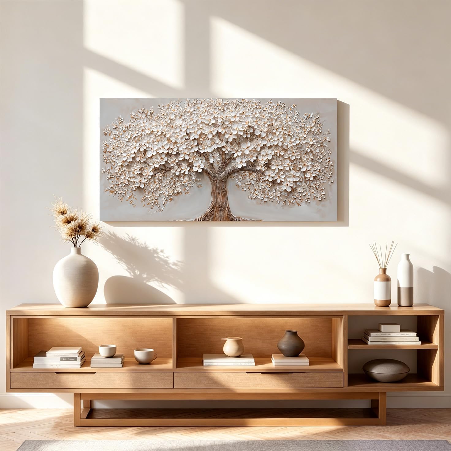 White Blossom Tree Textured Canvas — 3D Relief Finish